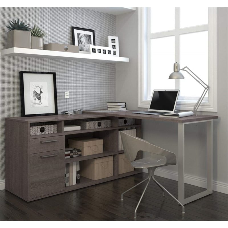 Bestar Solay L-Shaped Computer Desk with Storage in Bark Gray