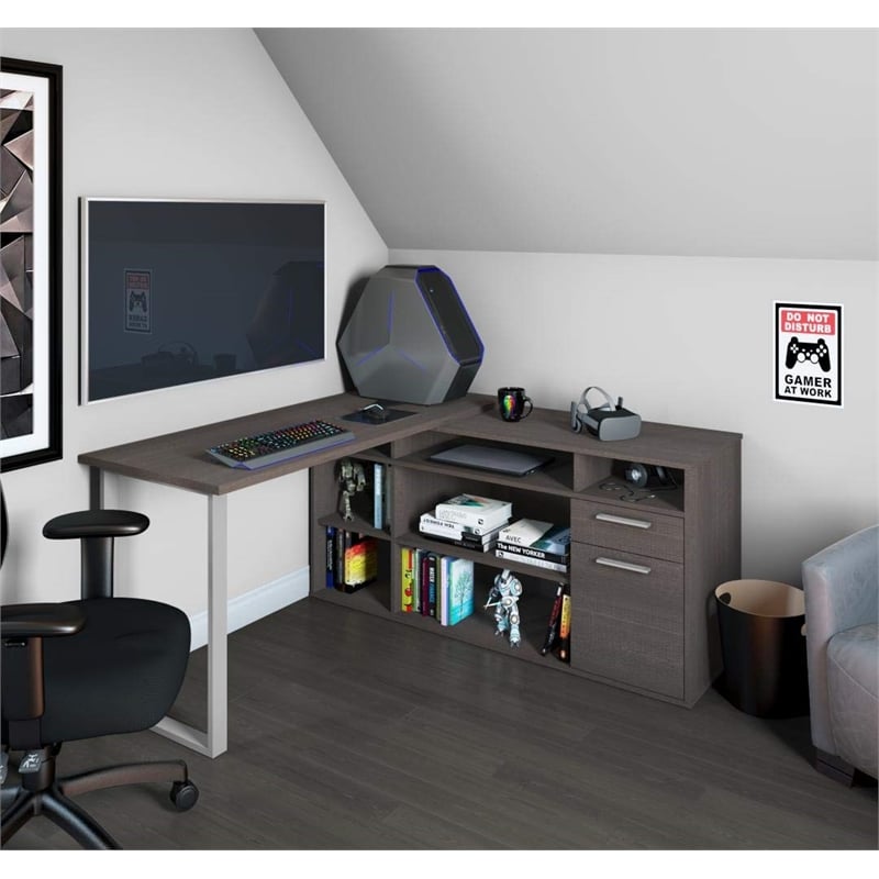 Bestar Solay L-Shaped Computer Desk with Storage in Bark Gray