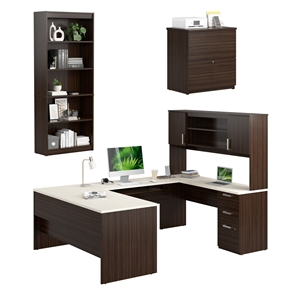 Ridgeley U Shaped Desk with Storage Set in White Chocolate - Engineered Wood