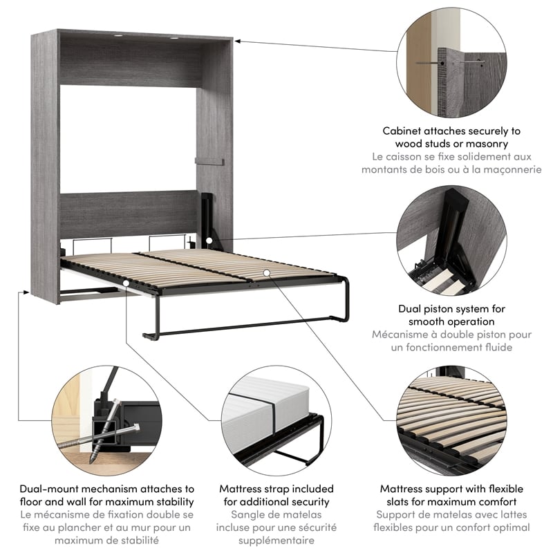 Cielo 60W Full Murphy Bed in Rustic Brown and White - Engineered Wood