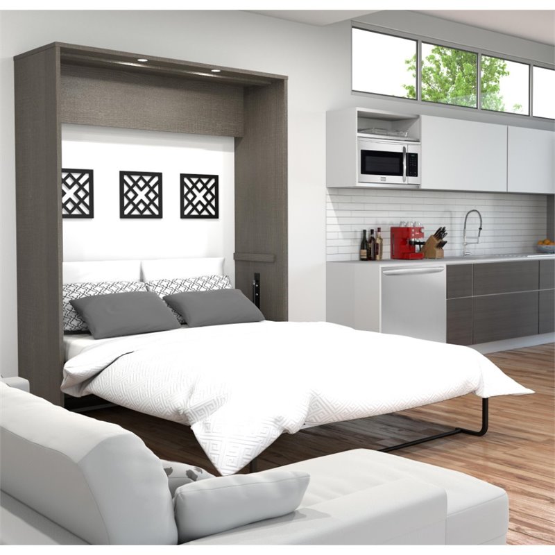 Bestar Cielo Queen Wall Bed In Bark Gray And White 80184 47