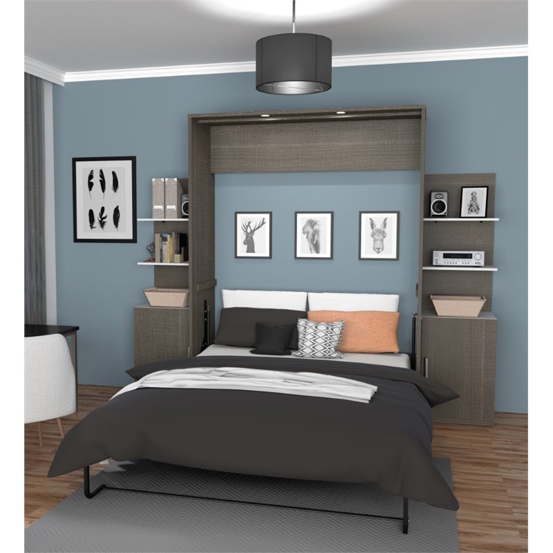 Bestar Cielo Deluxe 104 Queen Wall Bed Kit In Bark Gray And White