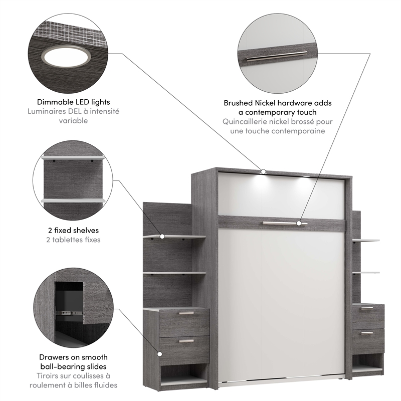 Cielo Full Murphy Bed with Nightstands in Bark Gray and White - Engineered Wood
