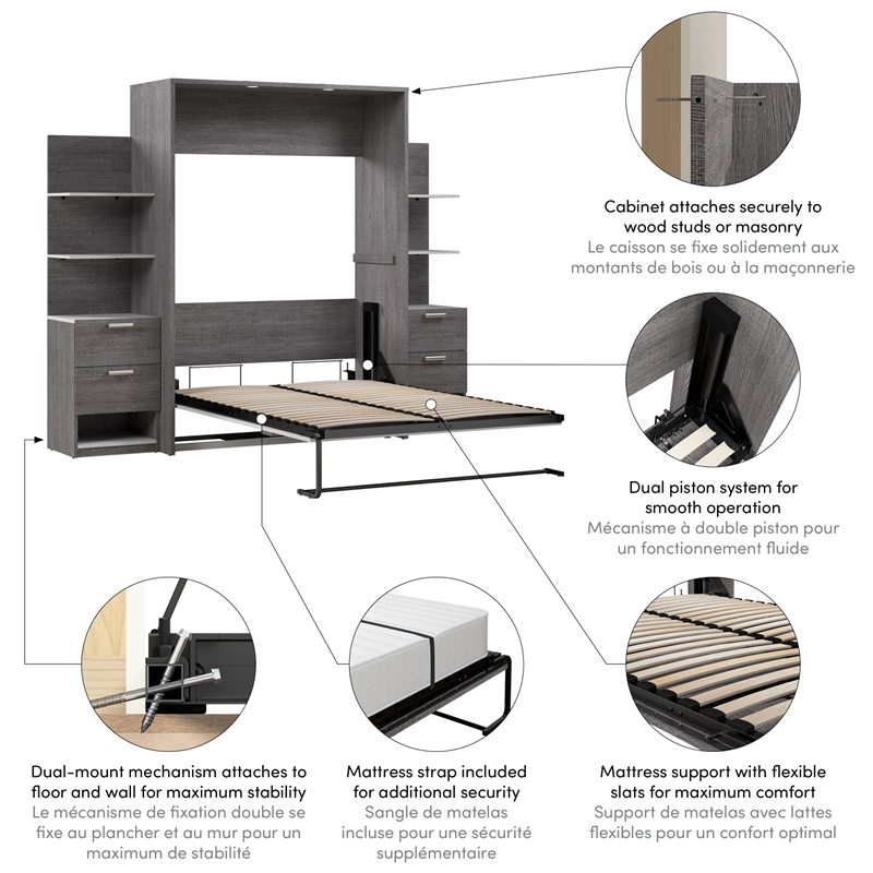 Cielo Full Murphy Bed with Nightstands in Bark Gray and White - Engineered Wood