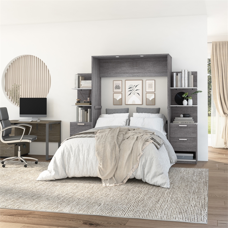 Cielo Full Murphy Bed with Nightstands in Bark Gray and White - Engineered Wood