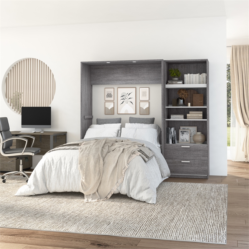 Cielo Full Murphy Bed with Closet Organizer in Gray/White - Engineered Wood