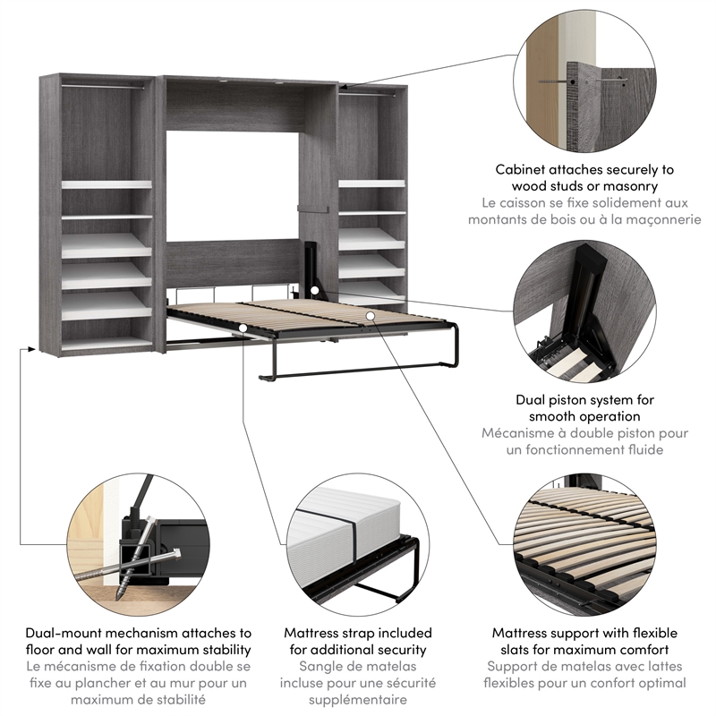Cielo Full Murphy Bed with Closet Organizers in Gray/White - Engineered Wood
