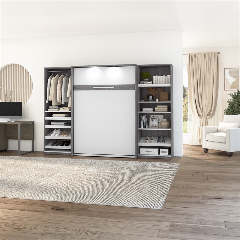 Cielo Full Murphy Bed with Closet Organizers in Gray/White - Engineered Wood