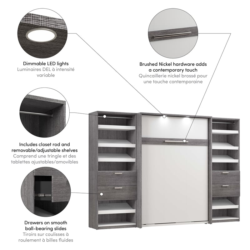 Cielo Full Murphy Bed and Organizers w/ Drawers in Gray/White - Engineered Wood