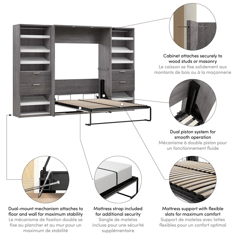 Cielo Full Murphy Bed and Organizers w/ Drawers in Gray/White - Engineered Wood