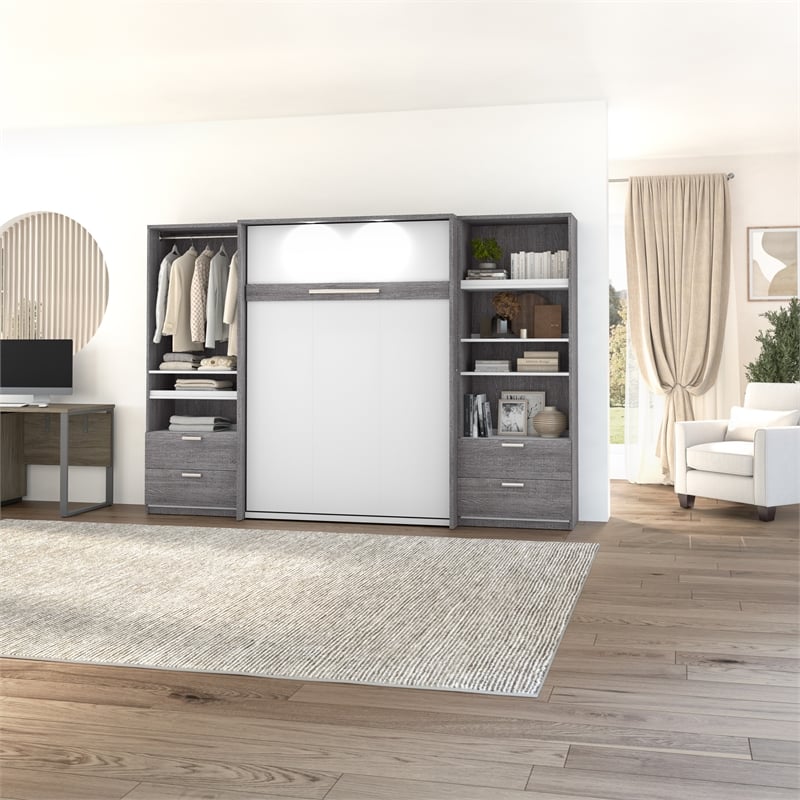 Cielo Full Murphy Bed and Organizers w/ Drawers in Gray/White - Engineered Wood