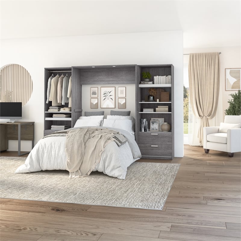 Cielo Full Murphy Bed and Organizers w/ Drawers in Gray/White - Engineered Wood