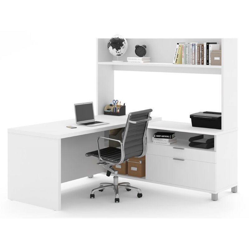 Bestar Pro-Linea L-Shaped Home Office Desk with Hutch in White