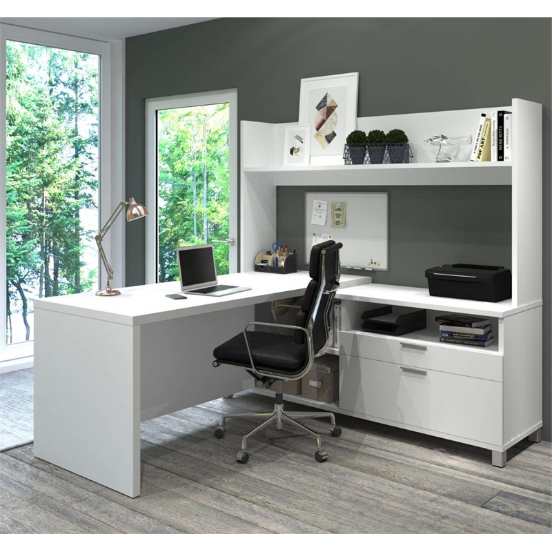 Bestar Pro-Linea L-Shaped Home Office Desk with Hutch in White