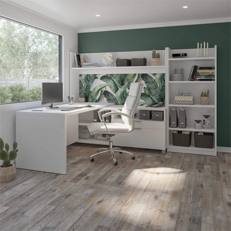 Bestar Pro-Linea L-Shaped Home Office Desk with Bookcase in White