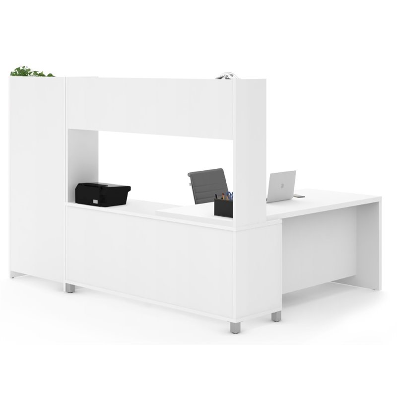 Bestar Pro-Linea L-Shaped Home Office Desk with Bookcase in White