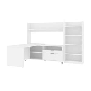 Bestar Pro-Linea L-Shaped Home Office Desk with Bookcase in White