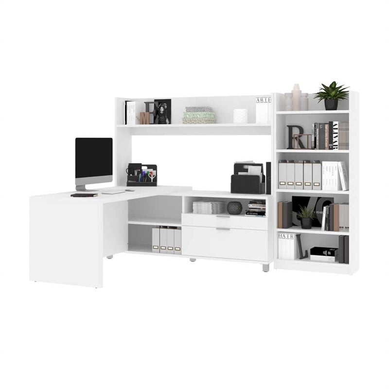 Bestar Pro-Linea L-Shaped Home Office Desk with Bookcase in White