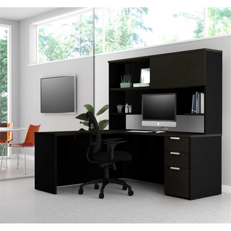 Bestar Pro Concept Plus L Desk with Hutch in Deep Gray and Black