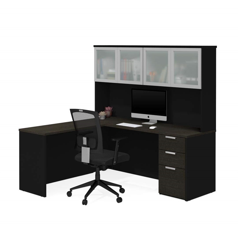 Bestar Pro Concept Plus L Desk with 4 Door Hutch in Deep Gray and Black