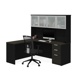 Bestar Pro Concept Plus L Desk with 4 Door Hutch in Deep Gray and Black