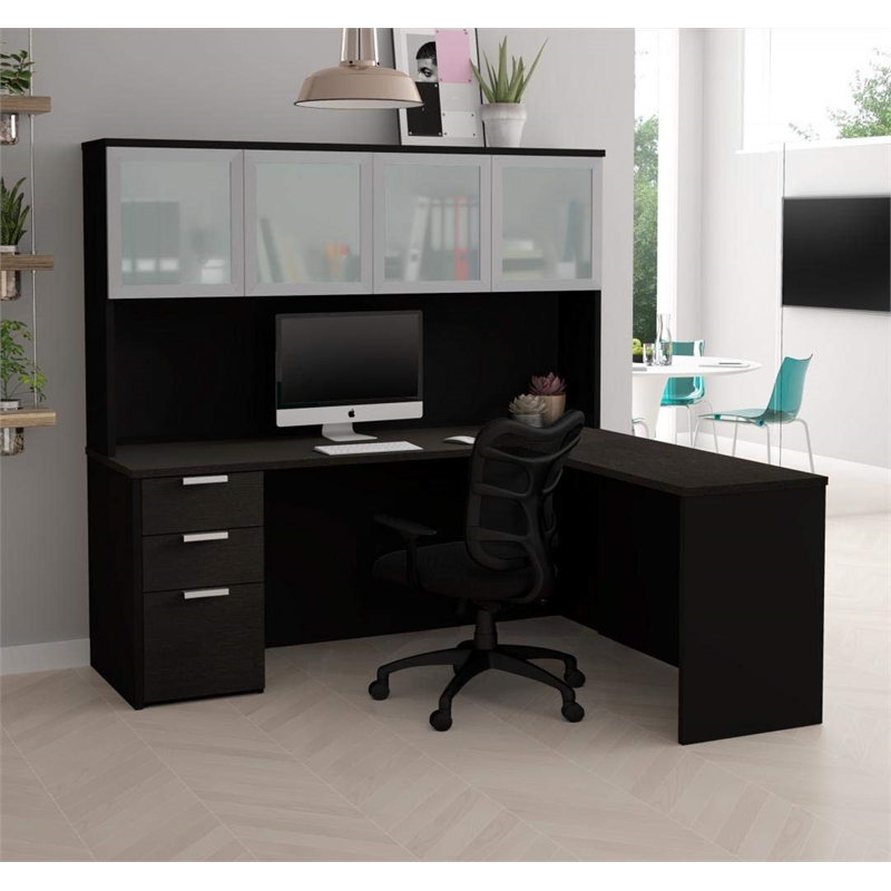 Bestar Pro Concept Plus L Desk with 4 Door Hutch in Deep Gray and Black
