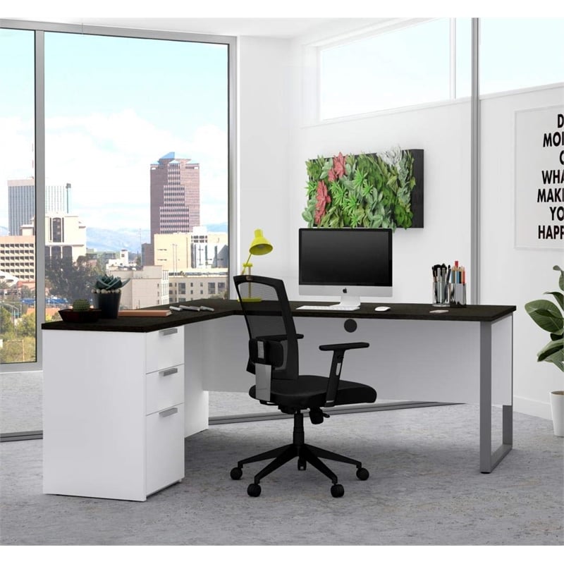 Bestar Pro Concept Plus L Desk with Metal Leg in White and Deep Gray