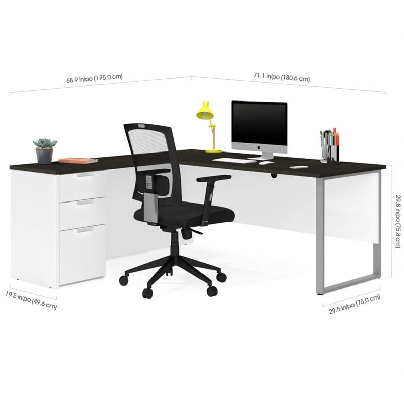 Bestar Pro Concept Plus L Desk with Metal Leg in White and Deep Gray