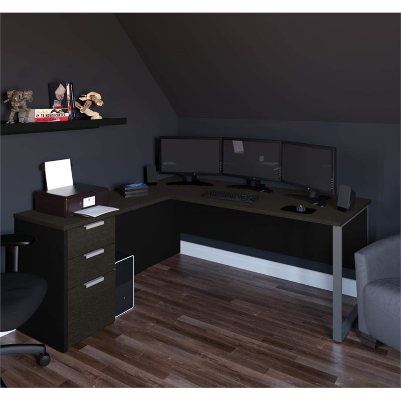 Bestar Pro Concept Plus L Desk with Metal Leg in Deep Gray and Black
