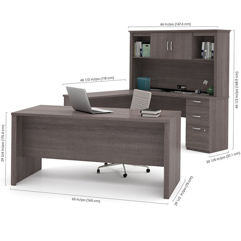 Bestar Logan Modern Wood U Shape Computer Desk with Hutch in Bark Gray