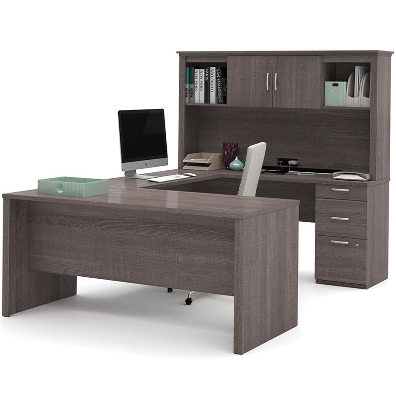 Bestar Logan U Shape Computer Desk With Hutch In Bark Gray 46410 47