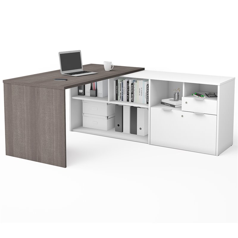 Bestar i3 Plus L Shape Computer Desk in Bark Gray and White