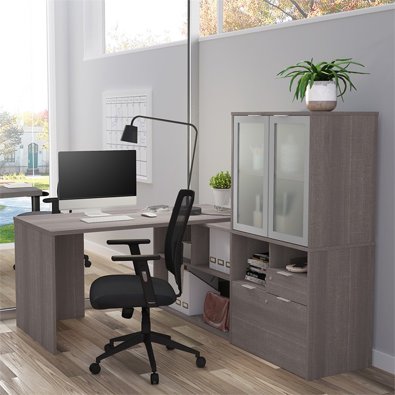Bestar i3 Plus L Shape Computer Desk with Hutch in Bark Gray