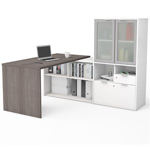 bestar i3 plus l shape computer desk with hutch in bark gray and white