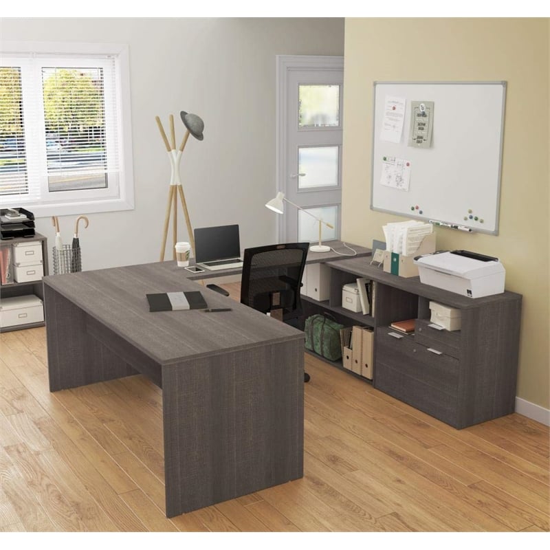 Bestar i3 Plus U Shape Computer Desk in Bark Gray and White