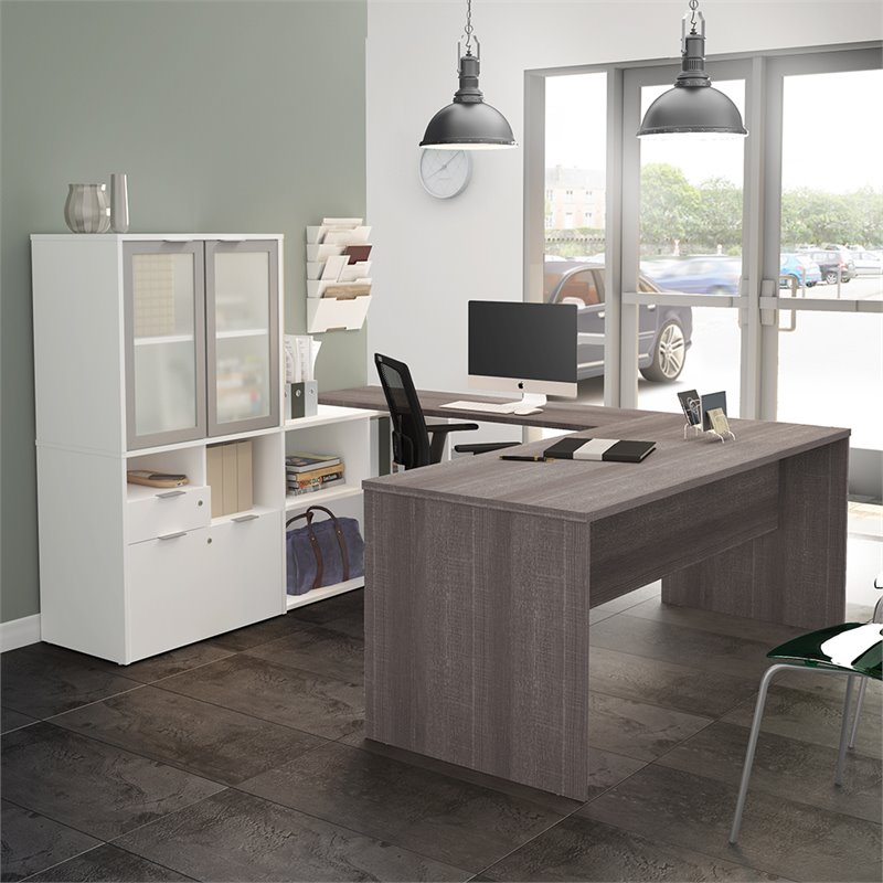 Bestar i3 Plus U Shape Computer Desk with Hutch in Bark Gray and White