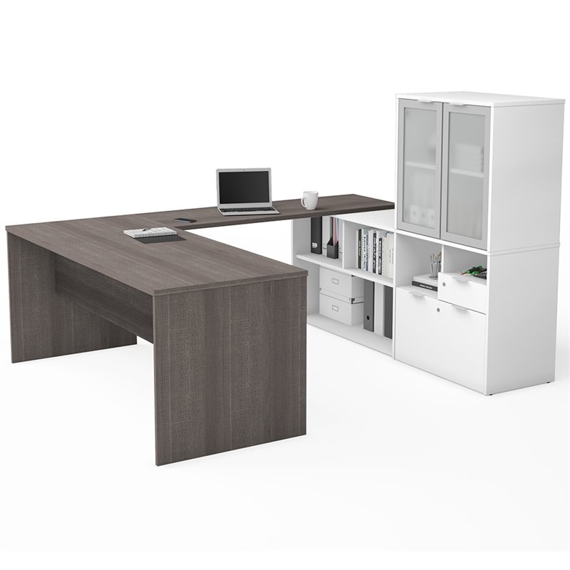 Bestar i3 Plus U Shape Computer Desk with Hutch in Bark Gray and White