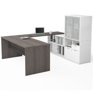 bestar i3 plus u shape computer desk with hutch in bark gray and white