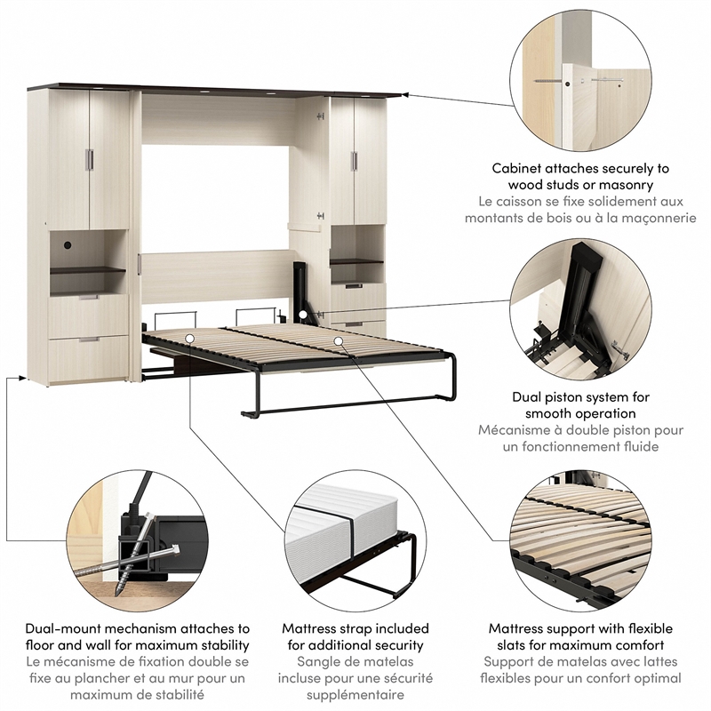 Bestar Lumina 3 Piece Full 2 Storage Wall Bed Set in White Chocolate