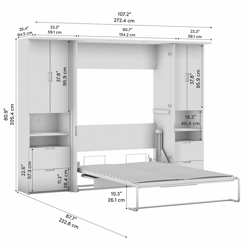 Bestar Lumina 3 Piece Full 2 Storage Wall Bed Set in White Chocolate