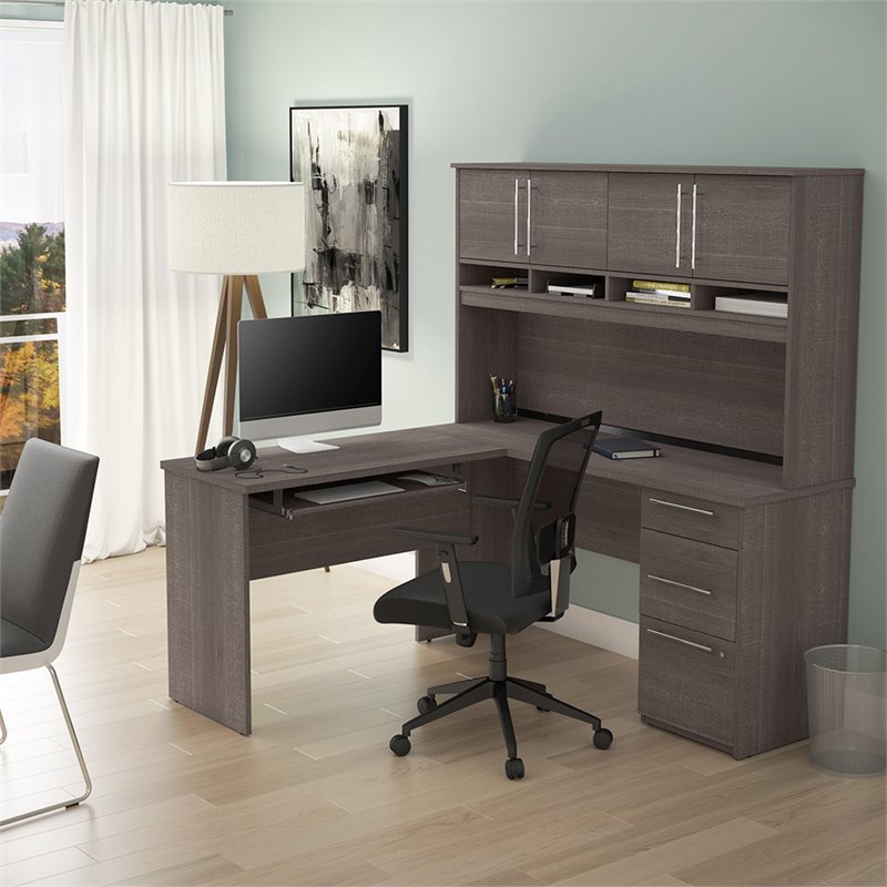 Bestar Innova Plus L Shaped Computer Desk With Hutch In Bark Gray