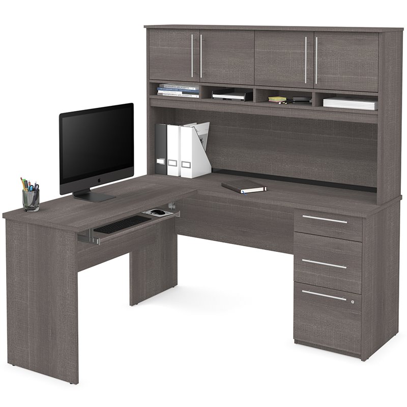 Bestar Innova Plus L Shaped Computer Desk With Hutch In Bark Gray