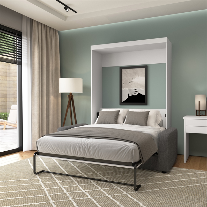 Bestar Nebula 2-Piece Modern Wood Full Wall Bed Set in White and Gray