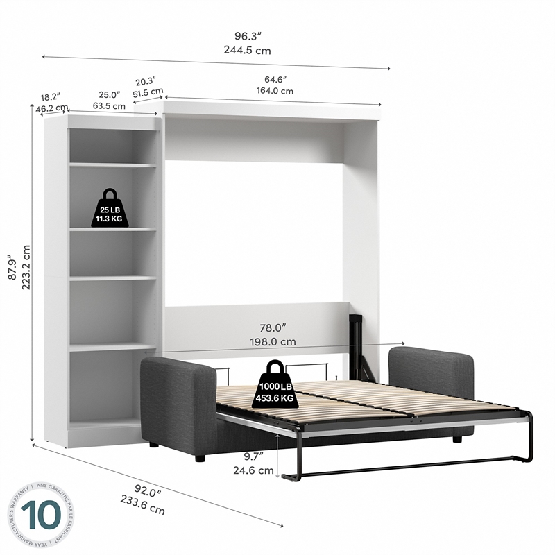 Bestar Pur 3 Piece Queen Wall Bed Set in White and Gray