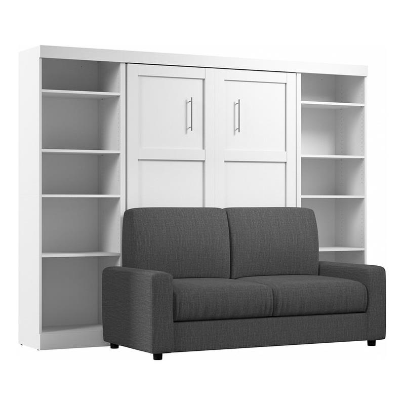 Bestar Pur Full Murphy Bed with Sofa and Shelving Units (109W) in White