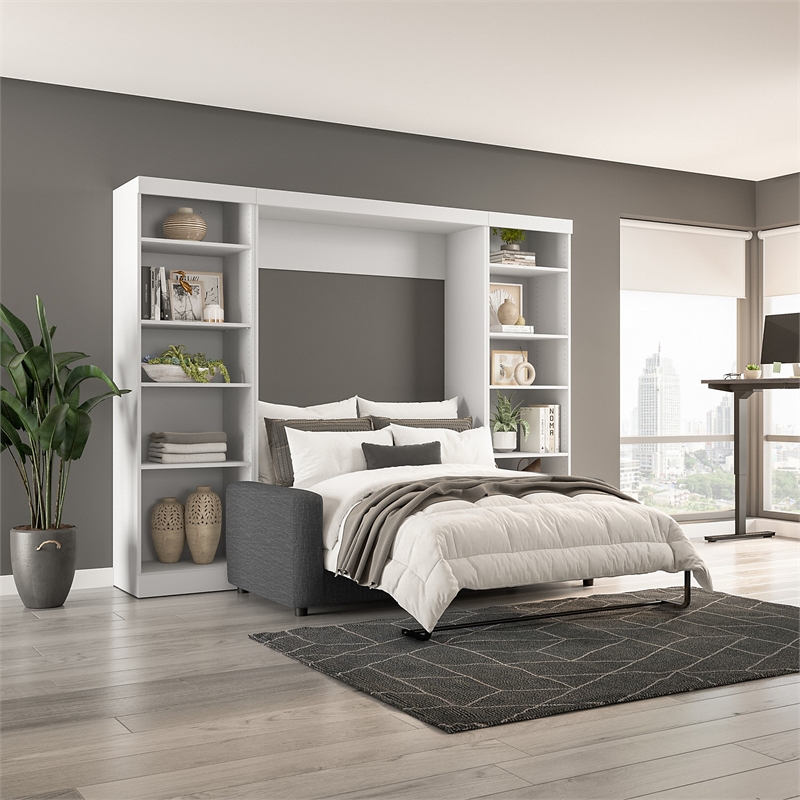 Bestar Pur Full Murphy Bed with Sofa and Shelving Units (109W) in White
