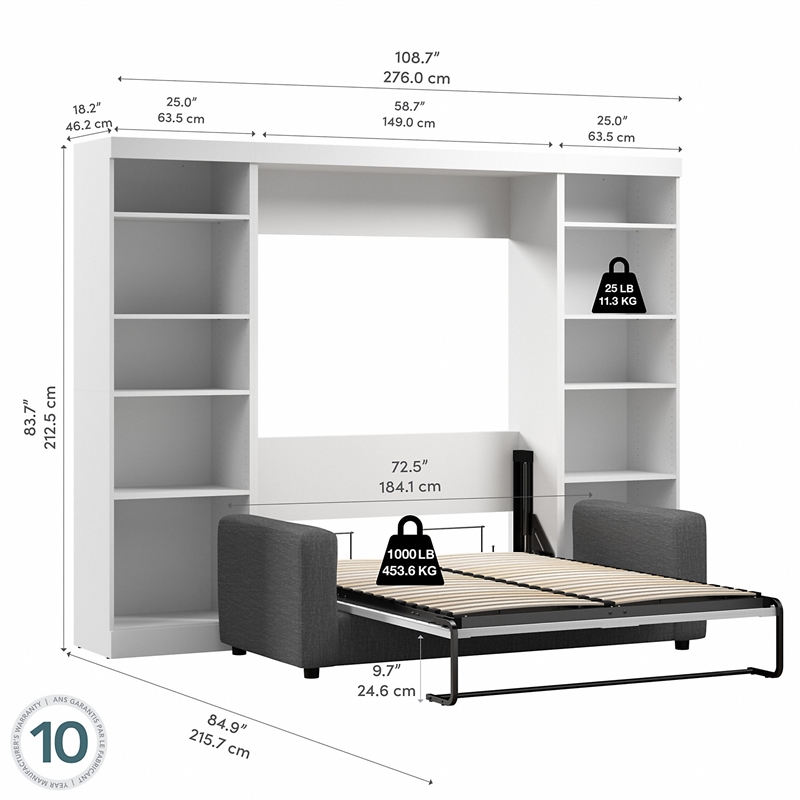 Bestar Pur Full Murphy Bed with Sofa and Shelving Units (109W) in White