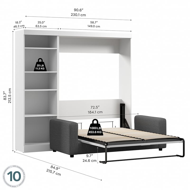 Bestar Pur Full Murphy Bed with Sofa and Shelving Unit (90W) in White