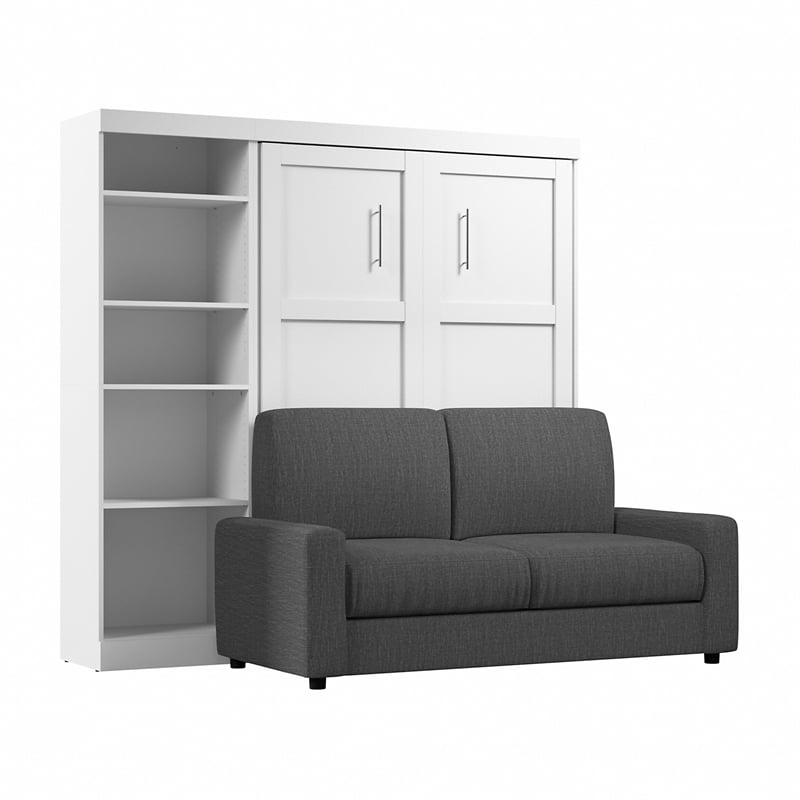 Bestar Pur Full Murphy Bed with Sofa and Shelving Unit (90W) in White