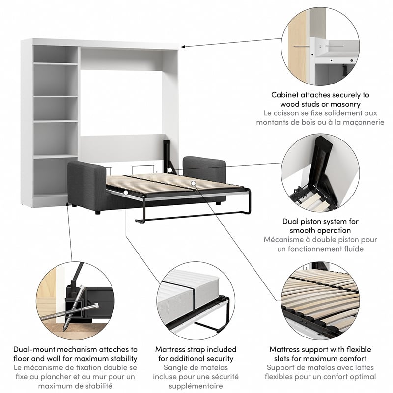 Bestar Pur Full Murphy Bed with Sofa and Shelving Unit (90W) in White